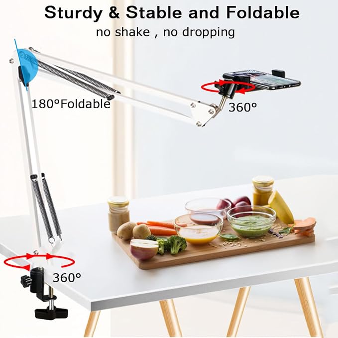 Overhead Tripod Mount for Camera Webcam Ring Light, Over Head Articulating Arm with Phone Holder and Ball Head, Desktop Suspension Scissor Accessory for Live Streaming,Video Recording （White）