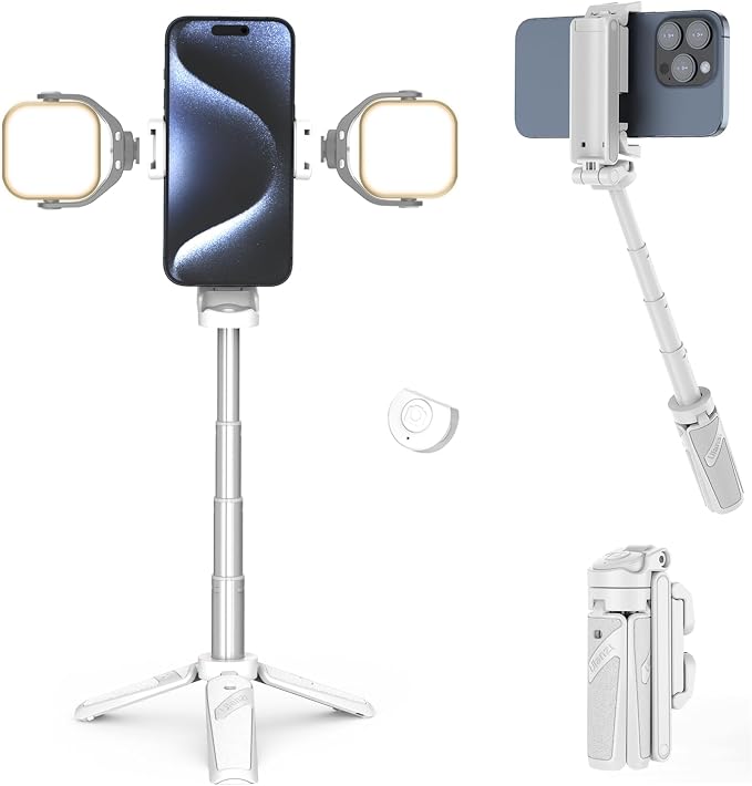 ULANZI JJ02 Selfie Stick Tripod, Extendable Grip Phone Tripod w Detachable Remote Pocket Size, 3-in-1 Mini Phone Grip 2 Cold Shoe, 10m/393.7'' Wireless Shutter, Vlog Livestreaming Photography(White)