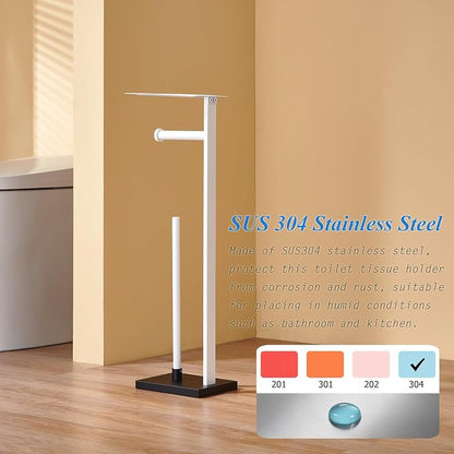 Freestanding Toilet Paper Holder Stand–Stainless Steel Bathroom Tissue Holder with Storage Tray & Roll Organizer (White & Black)