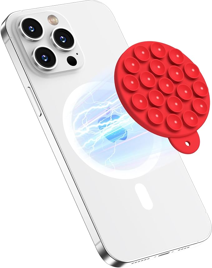 Magnetic Suction Cup Phone Mount, Compatible with MagSafe, Silicone Octo Cup Buddy Sticky Grip Holder for iPhone and Android, Removable Hands-Free Phone Stand Selfie/Video for TikTok, Red