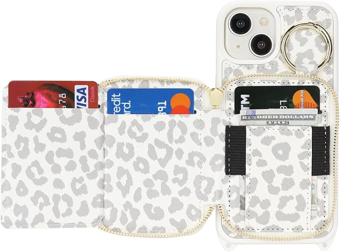 Crossbody Wallet Case for iPhone 14, PU Leather Zipper Handbag Purse Flip Cover, Kickstand Folio Case with Card Slots Holder Wrist Strap Lanyard 5G 6.1 Inch-White Leopard