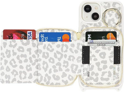 Crossbody Wallet Case for iPhone 14, PU Leather Zipper Handbag Purse Flip Cover, Kickstand Folio Case with Card Slots Holder Wrist Strap Lanyard 5G 6.1 Inch-White Leopard
