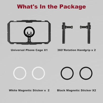 Magnetic Phone Cage with Handle,Smartphone Cage Kit with 360° Rotation Handgrip and Magnetic Sticker for Photography,Compatible with iPhone 17/16/15/14/13 Series and Andriod Phones (Black)
