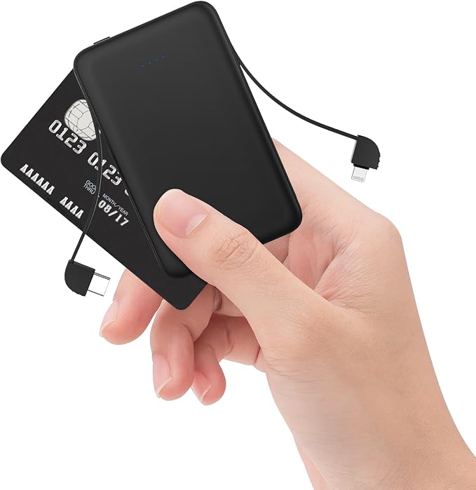 Sethruki Smallest Portable Charger with Built-in Cables 5000mAh,Ultra Slim Power Bank,Mini High Speed External Battery Packs,Lightweight USB C Phone Charger for iPhone Samsung Google Android (Black)