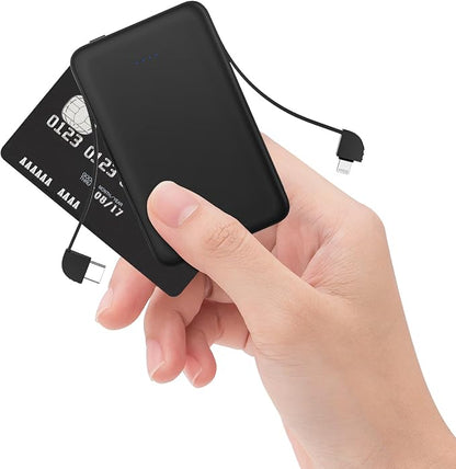 Sethruki Smallest Portable Charger with Built-in Cables 5000mAh,Ultra Slim Power Bank,Mini High Speed External Battery Packs,Lightweight USB C Phone Charger for iPhone Samsung Google Android (Black)