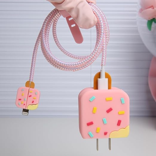 Compatible with iPhone 18W/20W USB-C Charger Protector Cover, 3D Cute Cartoon Charger Case for Apple iPhone 20W USB-C Power Adapter and Lightning Cable Protective Wire Saver (Pink Ice Cream)