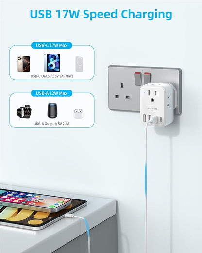 European Travel Plug Adapter Set, 8-in-1 Travel Adapter with 4 Outlets | Universal Travel Adapter, 4 USB Ports (2 USB C), Type G/C/L Detachable Plugs, US to EU/UK Italy, International Power Adapter