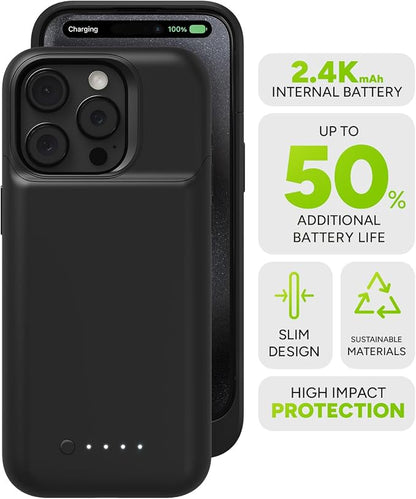 Mophie Juice Pack iPhone 15 Pro Battery Case - Legendary Power & Protection - Up to 50% Extra Battery, 6ft Drop Safety, Eco-Friendly Design, Black