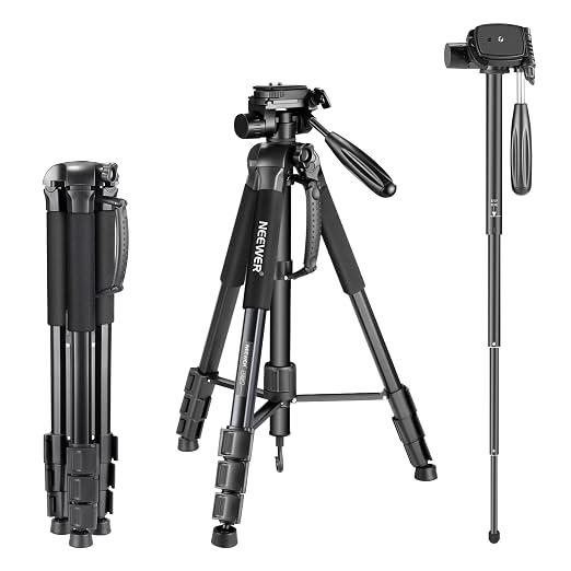 NEEWER Portable Aluminum Alloy Camera 2 in 1 Tripod Monopod Max. 70"/177cm with 3 Way Swivel Pan Head and Carrying Bag for DSLR, DV Video Camcorder (SAB264, Black)