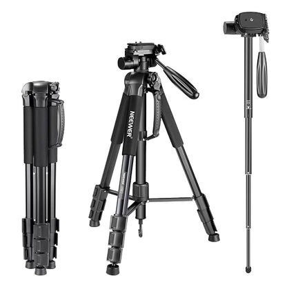 NEEWER Portable Aluminum Alloy Camera 2 in 1 Tripod Monopod Max. 70"/177cm with 3 Way Swivel Pan Head and Carrying Bag for DSLR, DV Video Camcorder (SAB264, Black)