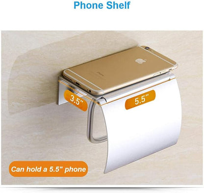 Toilet Paper Holder Wall Mounted with Phone Shelf Tray for Bathroom Restroom Hotel,Aluminum TP Holder Wall Mount with Cover Lid Metal Modern Rust Free Universal Tissue fit Mega Roll, Matte Silver