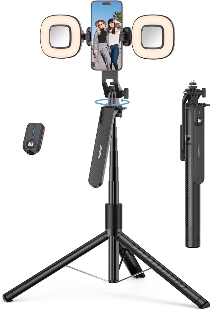 TECKNET 71" Selfie Stick Tripod for Phone with Light, Portable Extendable Cell Phone Tripod Stand with Wireless Remote and Phone Holder, with Wireless Remote Control for iPhone/Android/Camera