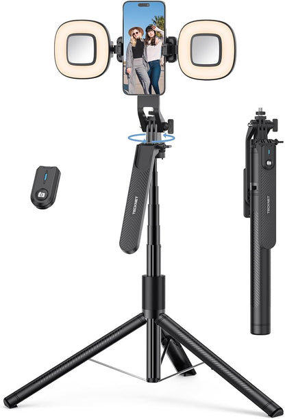 TECKNET 71" Selfie Stick Tripod for Phone with Light, Portable Extendable Cell Phone Tripod Stand with Wireless Remote and Phone Holder, with Wireless Remote Control for iPhone/Android/Camera