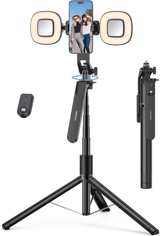 TECKNET 71" Selfie Stick Tripod for Phone with Light, Portable Extendable Cell Phone Tripod Stand with Wireless Remote and Phone Holder, with Wireless Remote Control for iPhone/Android/Camera