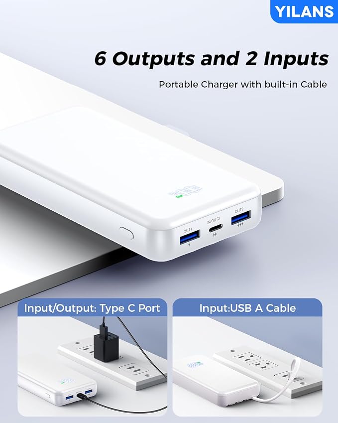 Portable Charger,50000mAh Power Bank Built-in Cable, 22.5W PD USB C In & Out Fast Charging, External Battery Pack with 6 Output & 2 Input, Travel Phone Charger for iPhone 17/16/15/14/13/12(White)