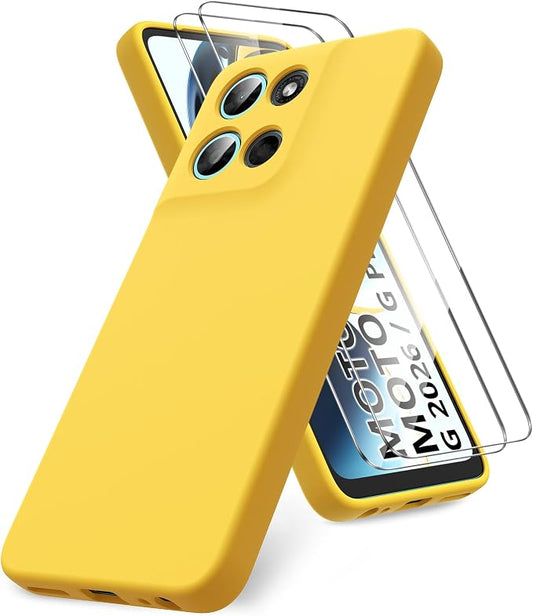 for Motorola Moto G 2026/G Play 2026 Case, 2 Pack Tempered Glass Screen Protectors, Soft TPU Liquid Silicone Shockproof Gel Cover-Yellow