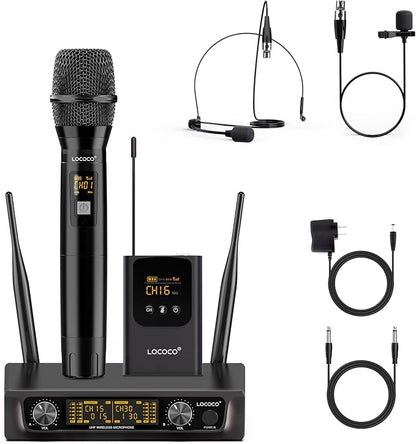UHF Wireless Microphone System Set: Metal Cordless Handheld/Headset/Lavalier Lapel Mics, Bodypack Transmitter, Receiver - 2*15 Channels 200ft Range for Church, Karaoke Singing, DJ, Wedding, Speech