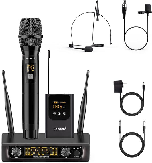 UHF Wireless Microphone System Set: Metal Cordless Handheld/Headset/Lavalier Lapel Mics, Bodypack Transmitter, Receiver - 2*15 Channels 200ft Range for Church, Karaoke Singing, DJ, Wedding, Speech