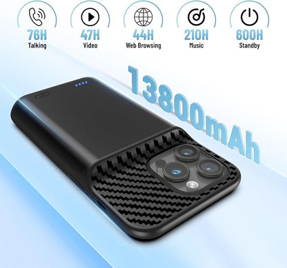 Battery Case for iPhone 15 Pro Max (6.7 inch), 13800mAh [High Capacity] 2026 Upgraded Portable Battery Charging Charger Case, Rechargeable Battery Back with Tempered Glass Screen Protector,Black