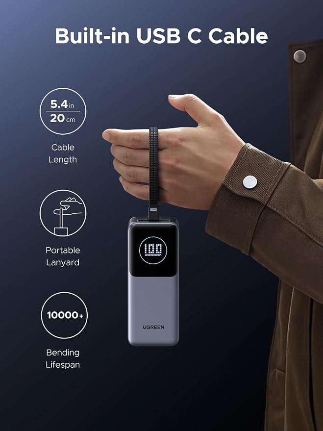 UGREEN Nexode Power Bank 20000mAh 130W with Built-in USB C Cable Laptop Travel Portable Charger, 80W Input, Fast Charging for MacBook Pro/Air/iPhone 17/16/iPad Pro/Galaxy S25 Ultra/Dell/HP and More