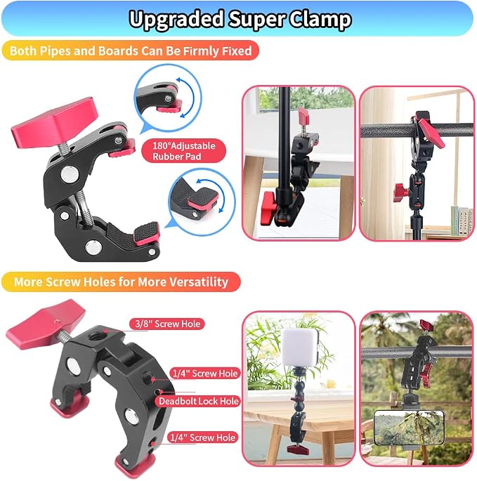 13"/34cm Magic Arm w Clamp, Camera Mount & Clamp w 1/4" 3/8" Threads and Articulating Friction Magic Arm, Overhead Phone Mount, Camera Boom Arm Mount for Light Webcam Mic Action Camera Monitor