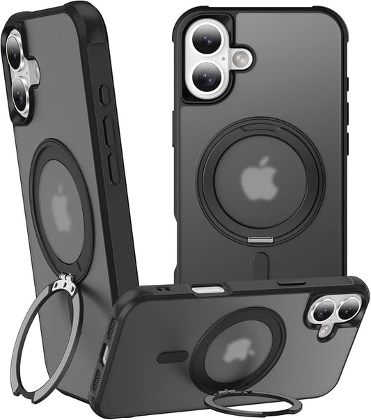 360° Magnetic Swivel Ring for iPhone 16 case, Built-in Metal Stand and Ring Holder, Magsafe Compatible, Military Grade Protection, Shock Resistant - Black