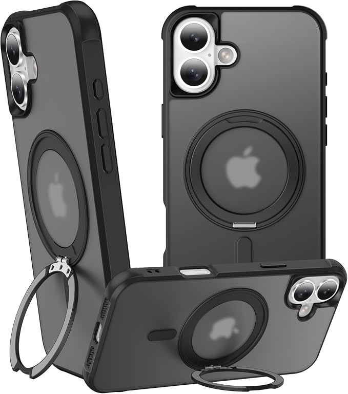 360° Magnetic Swivel Ring for iPhone 16 Plus case, Built-in Metal Stand and Ring Holder, Magsafe Compatible, Military Grade Protection, Shock Resistant - Black