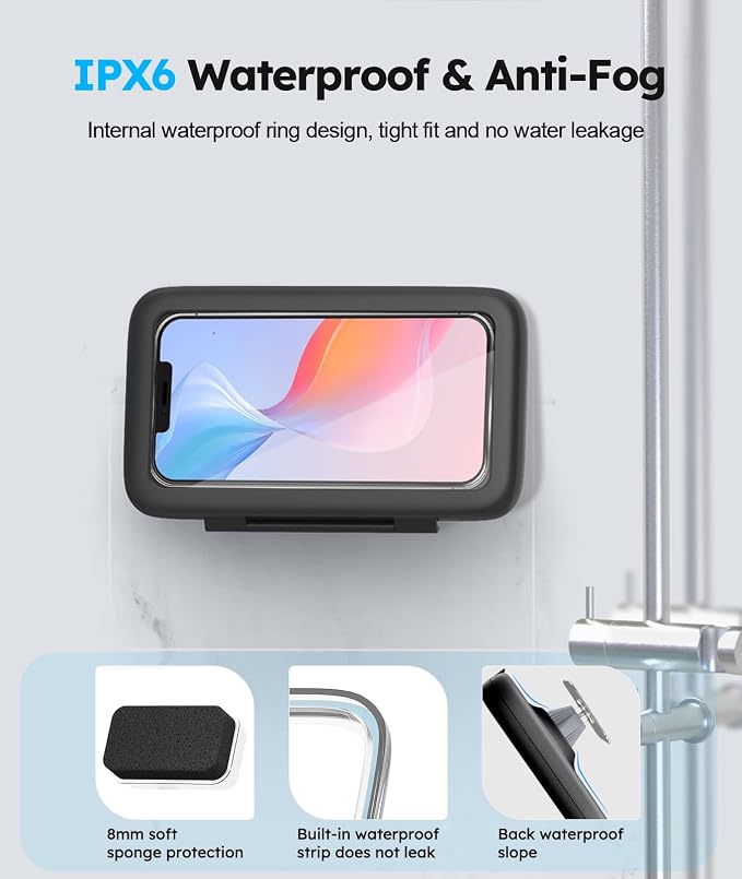 Waterproof, Upgraded IPx7 Wall Mount, 480° Rotation, HD Touchscreen, Ideal for 4-7” Smartphones - Perfect Shower Accessories-Black