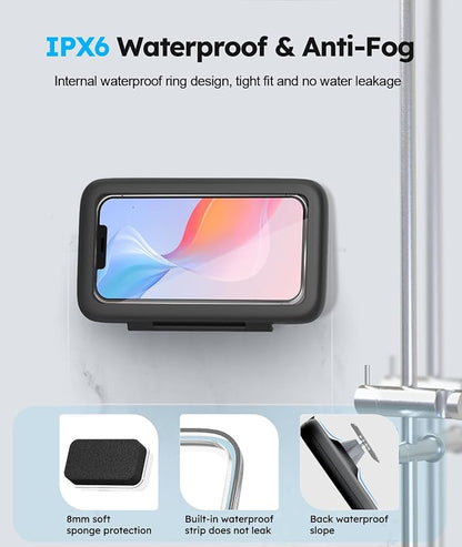 Waterproof, Upgraded IPx7 Wall Mount, 480° Rotation, HD Touchscreen, Ideal for 4-7” Smartphones - Perfect Shower Accessories-Black