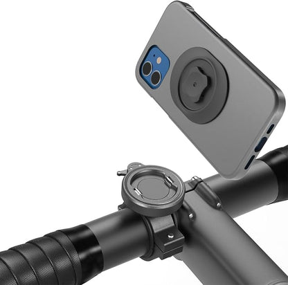 Bike Handlebar Phone Mount with Dual Lock System – Universal Clamp for Scooter, E-Bike, MTB | 3M Adhesive Adapter | CNC Aluminum Holder