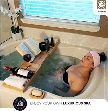 3-in-1 Premium Bathtub Caddy, Laptop Desk & Bed Tray with Extendable Arms and Adjustable Legs - Includes a Free Soap Dish, Two Spa Trays and Tablet/Wine Glass/Candle/Phone Holders - Natural Bamboo