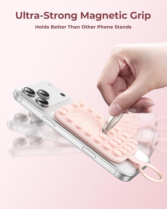 Syncwire Magnetic Phone Grip MagSafe Compatible Phone Ring Holder with Silicone Suction Cup Dual Ring Phone Stand for Mirror Selfie Video Recording Hands Free Use,Blush Pink