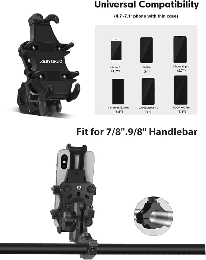 ZIDIYORUO Motorcycle ATV Phone Holder, Aluminum Heavy Duty Phone Mount for Motorcycle Universal 7/8"-9/8" Handlebars, Fit for All iPhone 14 13 12 Pro Max Android Samsung Smart Devices