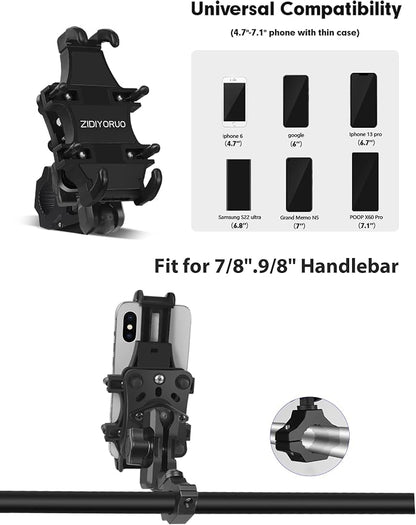 ZIDIYORUO Motorcycle ATV Phone Holder, Aluminum Heavy Duty Phone Mount for Motorcycle Universal 7/8"-9/8" Handlebars, Fit for All iPhone 14 13 12 Pro Max Android Samsung Smart Devices