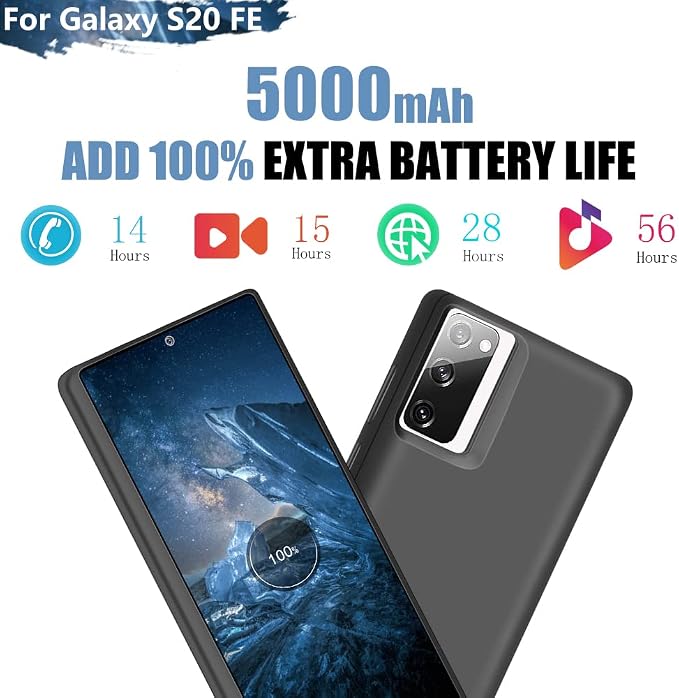 Battery Case for Samsung Galaxy S20 FE 5G, 5000mAh Rechargeable Extended Battery Charging Charger Case, Add 100% Extra Juice, Not Compatible with Galaxy S20 (6.5 inch) Black