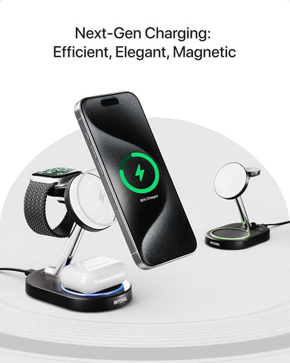 Charging Station for MagSafe Charger,Wireless Charging Station for iPhone MagSafe Charger,Intoval 3 in 1 Fast Magnetic Stand for iPhone 16/15/14/13 Apple Watch 10, Airpods. (Black)