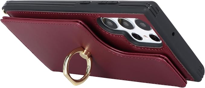 Lipvina for Samsung Galaxy S22 Ultra Case with Card Holder and Strap for Women,Crossbody Lanyard,RFID Blocking,Stand Ring Kickstand,Snap Clasp,Phone Wallet Cases 6.8 inch(Wine Red)