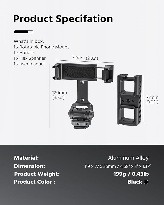 Phone Clip Rig Stabilizer for Smartphone, Lightweight Handheld Vlogging Rig with 360° Rotation, Grip & Cold Shoe Mounts | Compatible with Most Smartphones (for Cold Shoe Standard)
