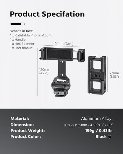 Phone Clip Rig Stabilizer for Smartphone, Lightweight Handheld Vlogging Rig with 360° Rotation, Grip & Cold Shoe Mounts | Compatible with Most Smartphones (for Cold Shoe Standard)