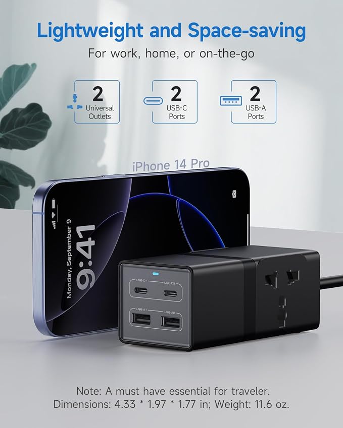 Universal Travel Adapter, VatFott 65W GaN Fast Charger 6-in-1 Power Strip with 2 International Outlets, 2 USB C, 2 USB Ports, 6ft Extension Cord, 110-240v, Power Adapter for Travel Essentials Black