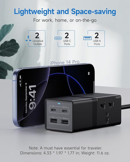 Universal Travel Adapter, VatFott 65W GaN Fast Charger 6-in-1 Power Strip with 2 International Outlets, 2 USB C, 2 USB Ports, 6ft Extension Cord, 110-240v, Power Adapter for Travel Essentials Black
