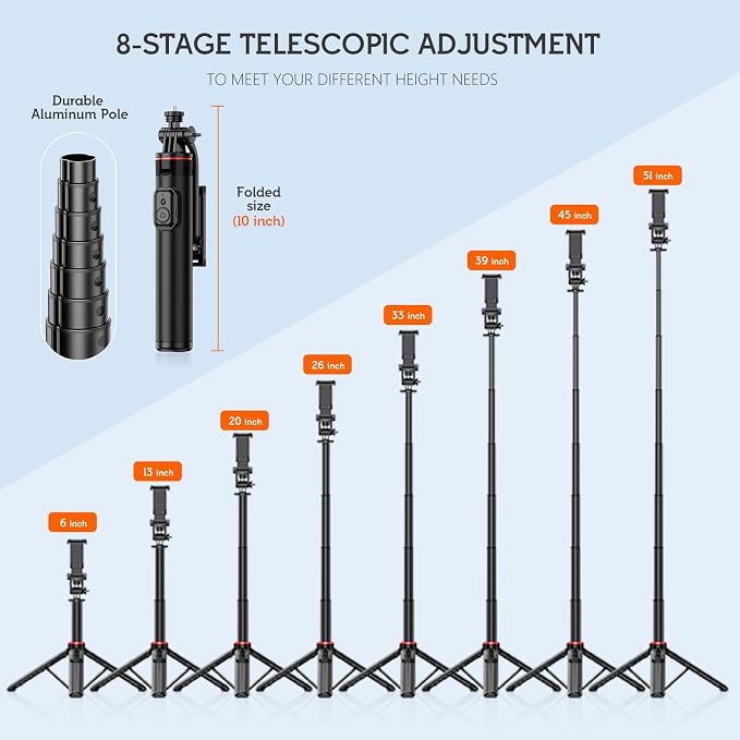 51" Cell Phone Selfie Stick Tripod, with Wireless Remote, Portable, Retractable, Aluminum Alloy, for iPhone, Samsung and Other Smartphones