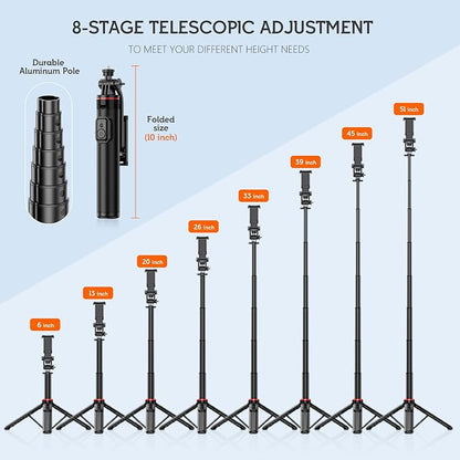 51" Cell Phone Selfie Stick Tripod, with Wireless Remote, Portable, Retractable, Aluminum Alloy, for iPhone, Samsung and Other Smartphones