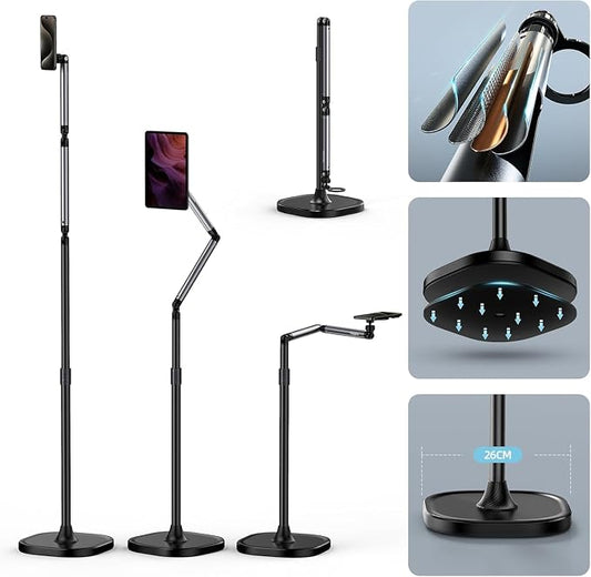 TELESIN° Magnetic Phone Tablet Floor Stand, Aluminum Alloy Phone Holder Stand for Video Recording, Overhead Bed/Sofa Phone Mount Height Adjustable Ultra Stable Base for Magsafe/iPhone/Android/iPad