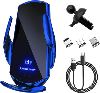 Sun Walker Wireless Car Charger Mount, Electric Induction 15W Fast Charging Bracket Air Vent Phone Holder, Auto-Clamping Wireless Charger Vent Mount Compatible with Most Smartphones (Blue)