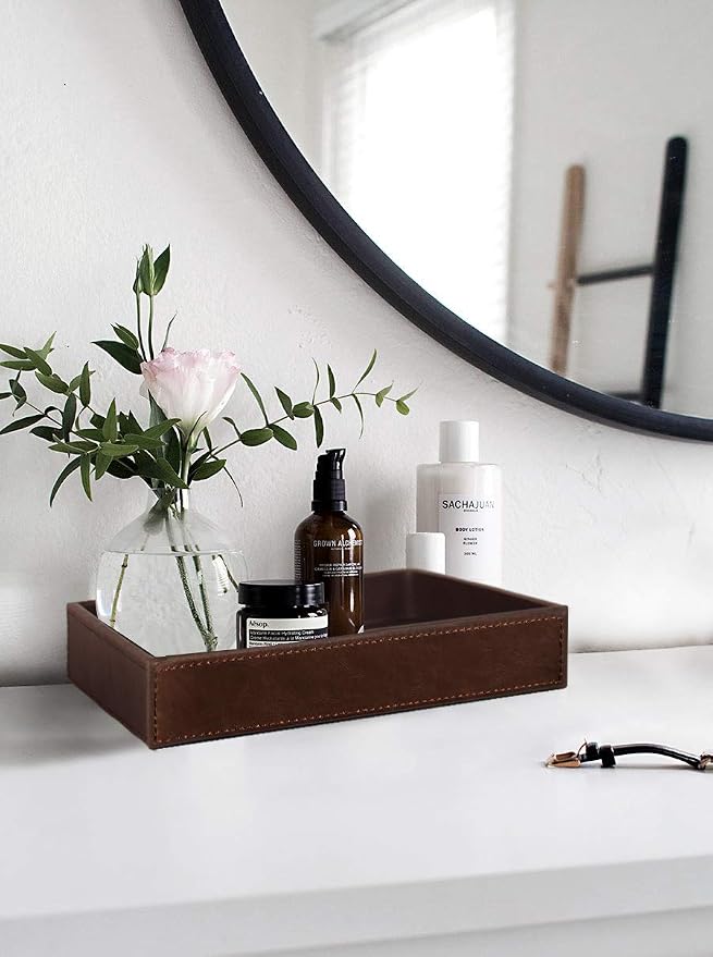 HofferRuffer Decorative Vanity Tray, Desktop Storage Organizer, Catchall Tray, Valet Tray, Nightstand or Dresser Organizer, PU Faux Leather Bathroom Tray, Brown, 10.2 x 8.4 x 1.8 inches (Pack of 2)