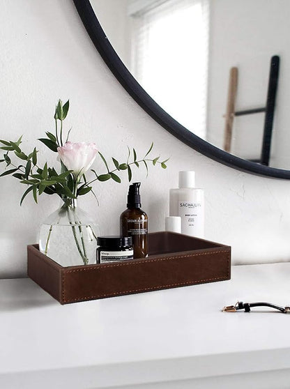 HofferRuffer Decorative Vanity Tray, Desktop Storage Organizer, Catchall Tray, Valet Tray, Nightstand or Dresser Organizer, PU Faux Leather Bathroom Tray, Brown, 10.2 x 8.4 x 1.8 inches (Pack of 2)