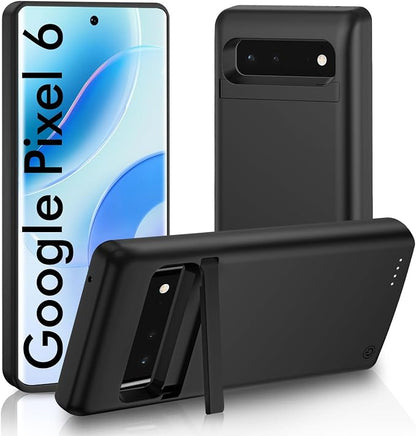 Battery Case for Google Pixel 6, Powerful 10,000mAh Portable Extended Charging Case with Kickstand, Rechargeable Backup Charger Cover for Pixel 6 5G (6.4")- Black