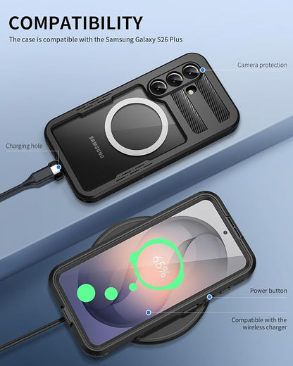 Lanhiem Magnetic for Samsung Galaxy S26+ Plus Case, IP68 Waterproof Dustproof Case, [Compatible with Magsafe] [Built-in Screen Protector] Full Body Heavy Duty Rugged Phone Cover 6.7 inch, Black/Clear