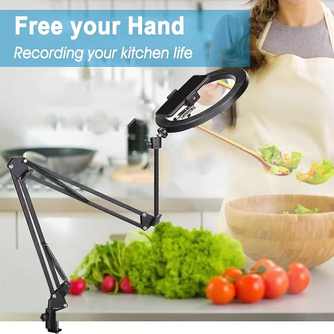 Overhead Tripod Mount for Camera Webcam Ring Light, Long Over Head Articulating Arm with Phone Holder and Ball Head, Desktop Lazy Arm Clamp Phone Stand Accessory for Live Streaming,Video Recording
